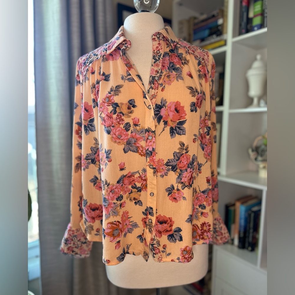 Free People Floral Button-Down Shirt - Peach and Pink